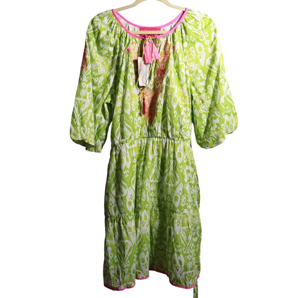 NWT Place Du Soleil Marcia‎ Dress in Green & Pink M Boho Embroidered Resortwear